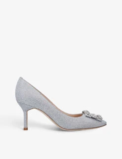 Manolo Blahnik Hangisi 70 Crystal-embellished Metallic-woven Courts