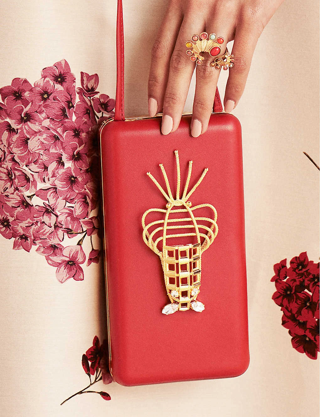 Sonia Petroff Lobster 24ct Yellow Gold-plated Brass And Swarovski Crystal-embellished Leather Clutch Bag - Image 4