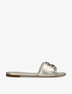 Tory Burch Eleanor Logo-plaque Metallic Leather Slides